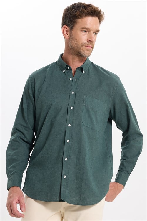 Erkek Regular Fit Klasik Kesim Oversize Pamuklu Keten Doku Düğmeli Yaka Yeşil Gömlek