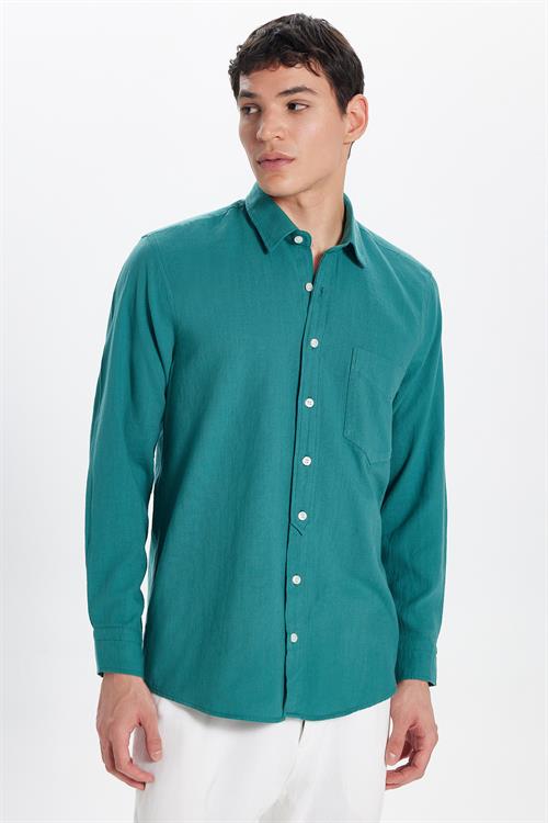 Erkek Regular Fit Klasik Kesim Oversize %100 Pamuk Keten Doku Tek Cep Petrol Gömlek 
