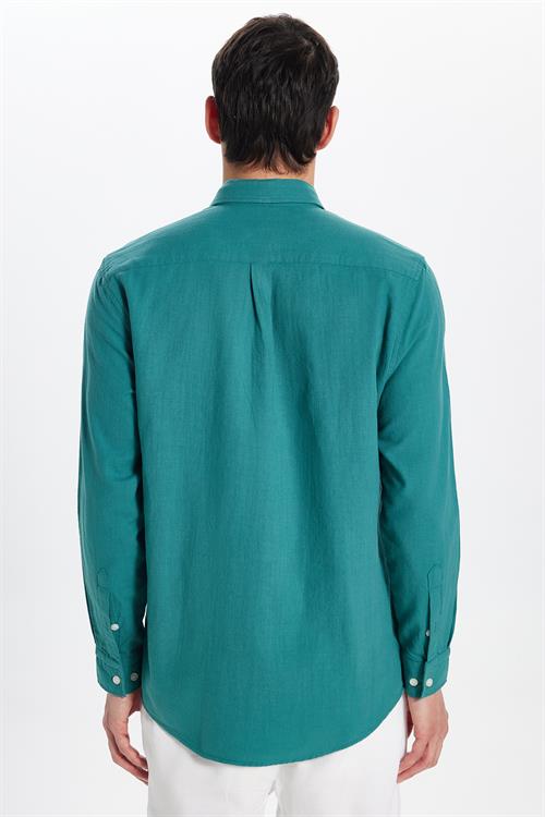 Erkek Regular Fit Klasik Kesim Oversize %100 Pamuk Keten Doku Tek Cep Petrol Gömlek 