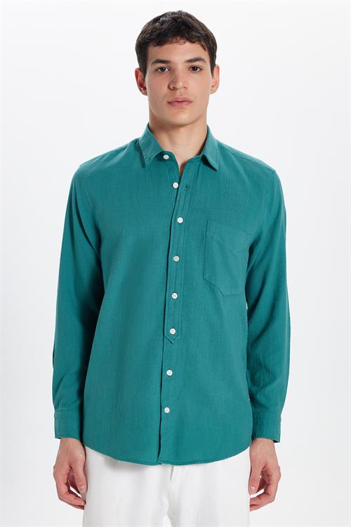 Erkek Regular Fit Klasik Kesim Oversize %100 Pamuk Keten Doku Tek Cep Petrol Gömlek 