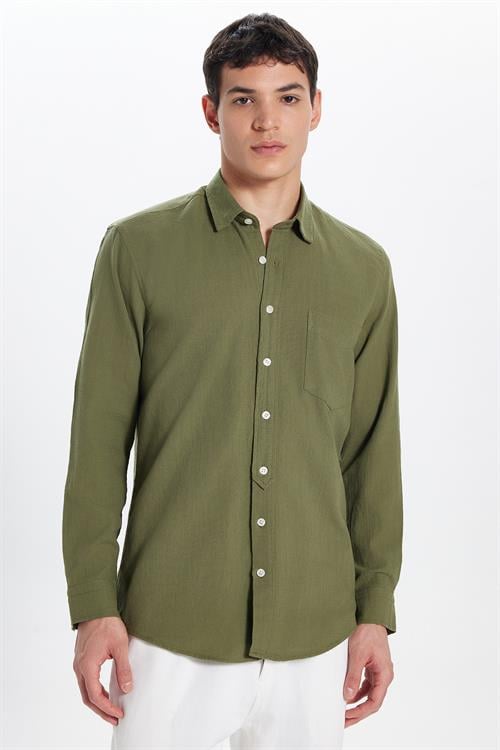 Erkek Regular Fit Klasik Kesim Oversize %100 Pamuk Keten Doku Tek Cepli Yeşil Gömlek 