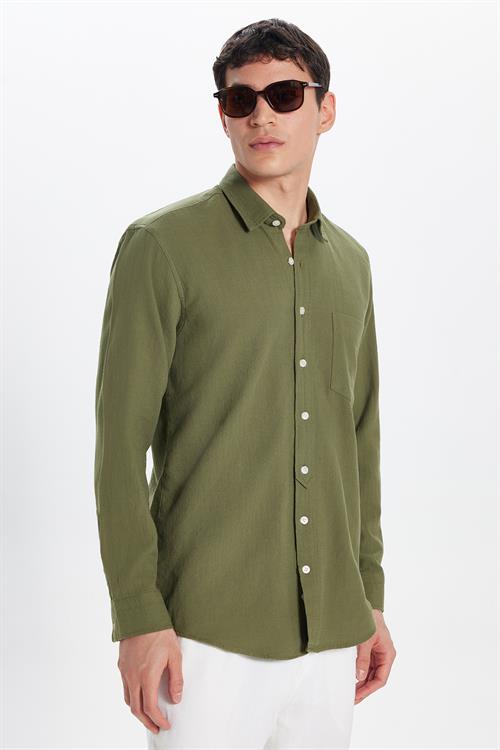 Erkek Regular Fit Klasik Kesim Oversize %100 Pamuk Keten Doku Tek Cepli Yeşil Gömlek 