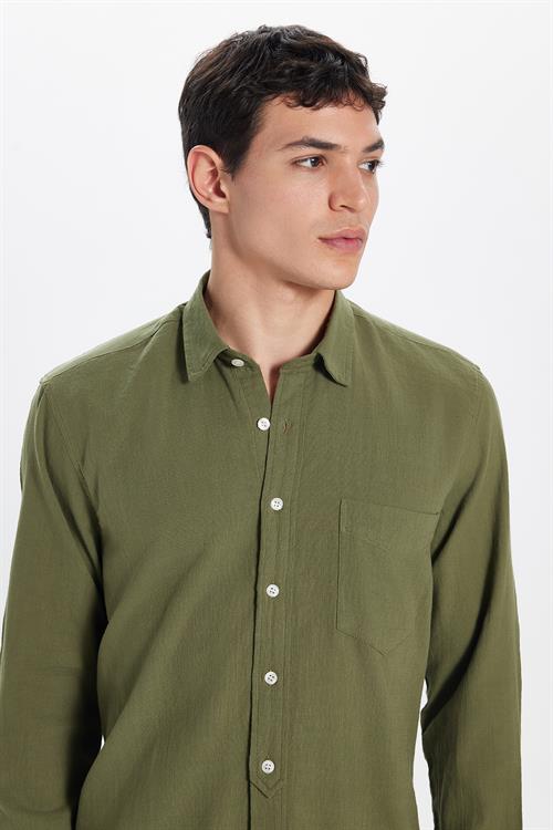 Erkek Regular Fit Klasik Kesim Oversize %100 Pamuk Keten Doku Tek Cepli Yeşil Gömlek 