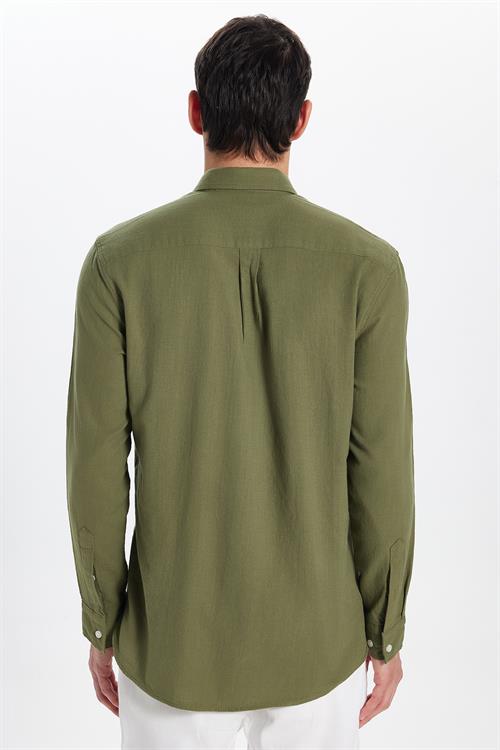 Erkek Regular Fit Klasik Kesim Oversize %100 Pamuk Keten Doku Tek Cepli Yeşil Gömlek 