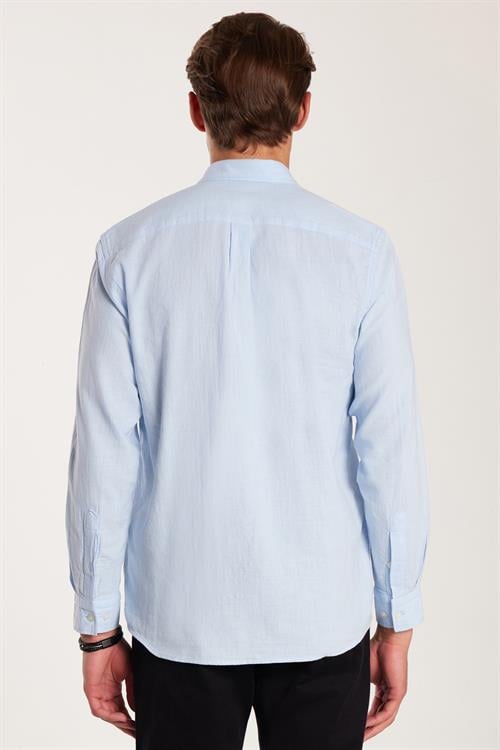 Erkek Regular Fit Klasik Kesim Oversize %100 Pamuk Keten Doku Tek Cepli Mavi Gömlek 