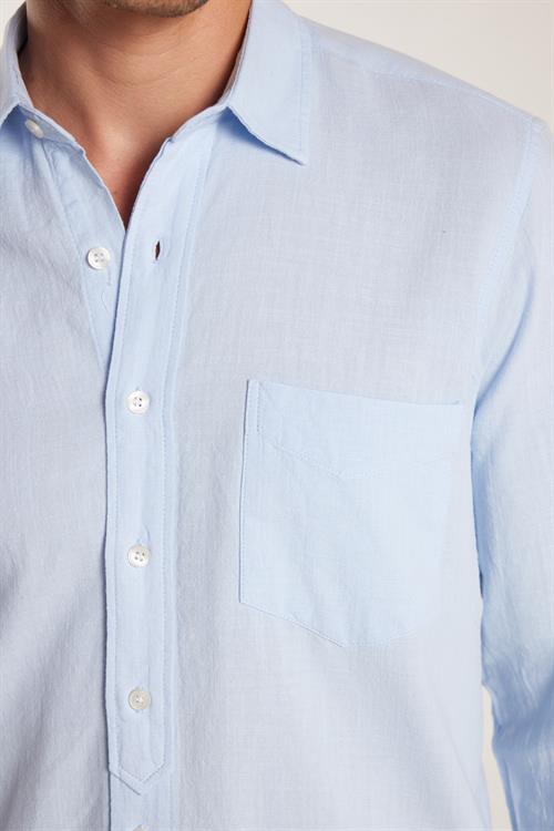 Erkek Regular Fit Klasik Kesim Oversize %100 Pamuk Keten Doku Tek Cepli Mavi Gömlek 