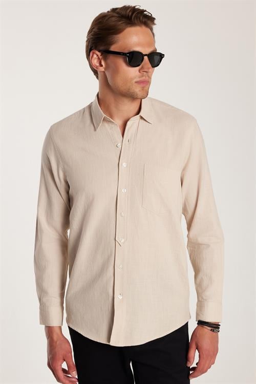 Erkek Regular Fit Klasik Kesim Oversize %100 Pamuk Keten Doku Tek Cepli Bej Gömlek