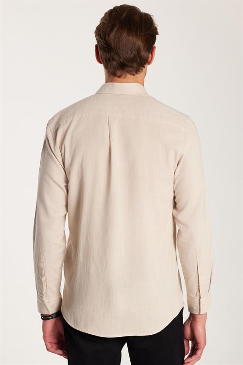Erkek Regular Fit Klasik Kesim Oversize %100 Pamuk Keten Doku Tek Cepli Bej Gömlek