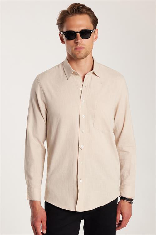 Erkek Regular Fit Klasik Kesim Oversize %100 Pamuk Keten Doku Tek Cepli Bej Gömlek