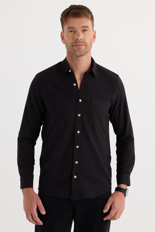 Erkek Regular Fit Klasik Kesim Oversize %100 Pamuk Keten Doku Tek Cepli Siyah Gömlek