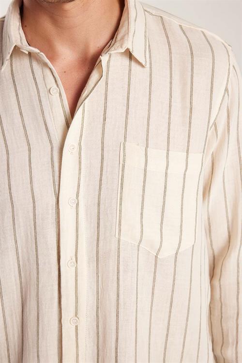 Regular Fit Klasik Kesim Oversize Keten Görünüm Pamuklu Çizgili Dökümlü Rahat Cepli Spor Gömlek