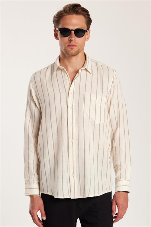 Regular Fit Klasik Kesim Oversize Keten Görünüm Pamuklu Çizgili Dökümlü Rahat Cepli Spor Gömlek