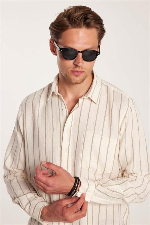 Regular Fit Klasik Kesim Oversize Keten Görünüm Pamuklu Çizgili Dökümlü Rahat Cepli Spor Gömlek