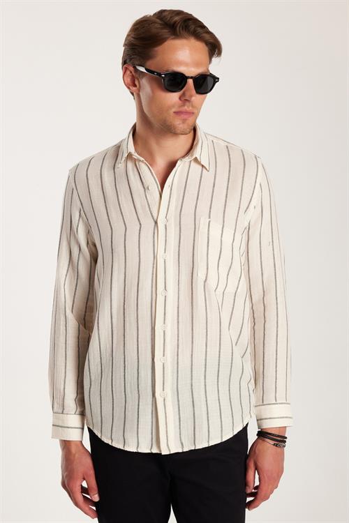 Regular Fit Klasik Kesim Oversize Keten Görünüm Pamuklu Çizgili Dökümlü Rahat Cepli Spor Gömlek