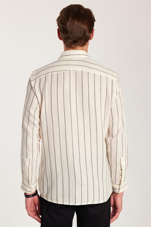 Regular Fit Klasik Kesim Oversize Keten Görünüm Pamuklu Çizgili Dökümlü Rahat Cepli Spor Gömlek