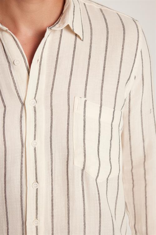 Regular Fit Klasik Kesim Oversize Keten Görünüm Pamuklu Çizgili Dökümlü Rahat Cepli Spor Gömlek