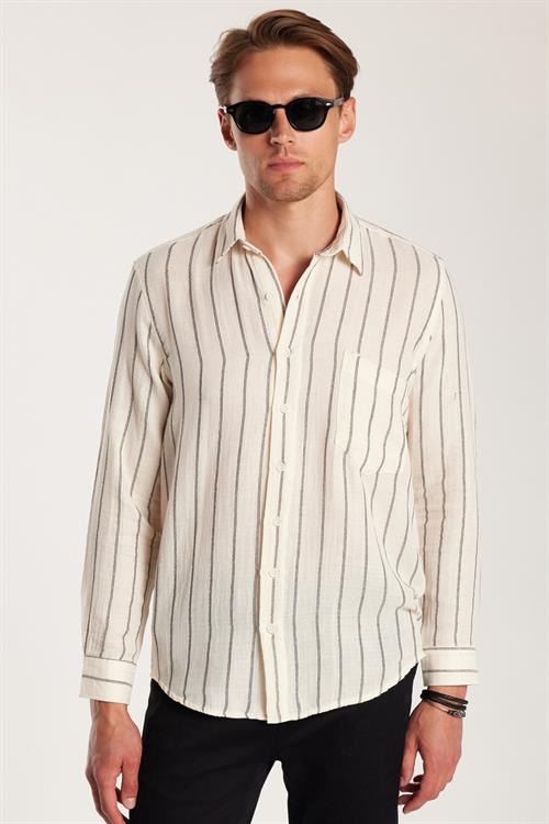 Regular Fit Klasik Kesim Oversize Keten Görünüm Pamuklu Çizgili Dökümlü Rahat Cepli Spor Gömlek