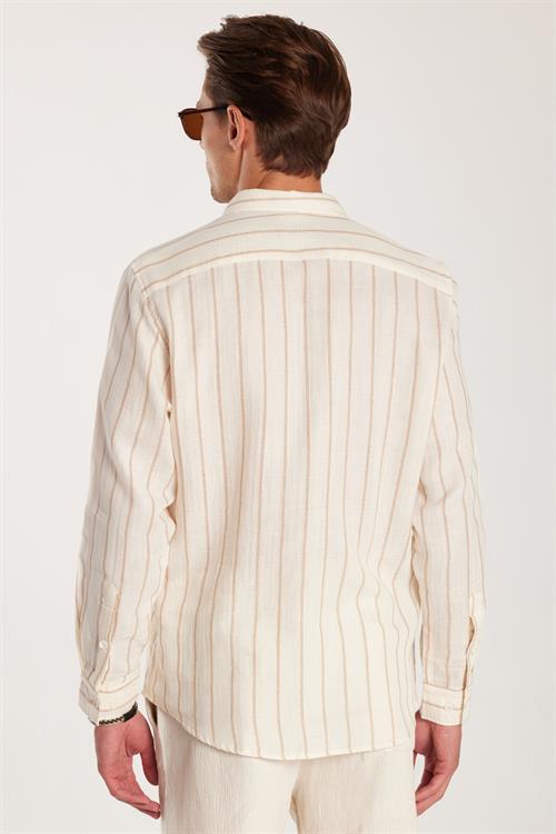 Regular Fit Klasik Kesim Oversize Keten Görünüm Pamuklu Çizgili Dökümlü Rahat Cepli Spor Gömlek