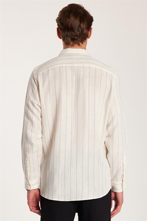 Regular Fit Klasik Kesim Oversize Keten Görünüm Pamuklu Çizgili Dökümlü Rahat Cepli Spor Gömlek