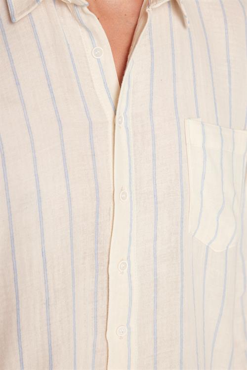 Regular Fit Klasik Kesim Oversize Keten Görünüm Pamuklu Çizgili Dökümlü Rahat Cepli Spor Gömlek