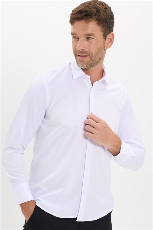 Erkek Regular Fit Rahat Kesim Kravatlık Yaka Pamuklu Düz Beyaz Gömlek