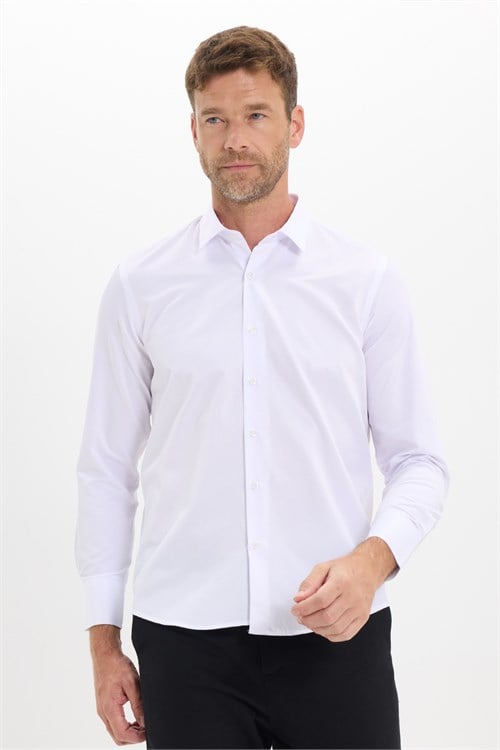 Erkek Regular Fit Rahat Kesim Kravatlık Yaka Pamuklu Düz Beyaz Gömlek
