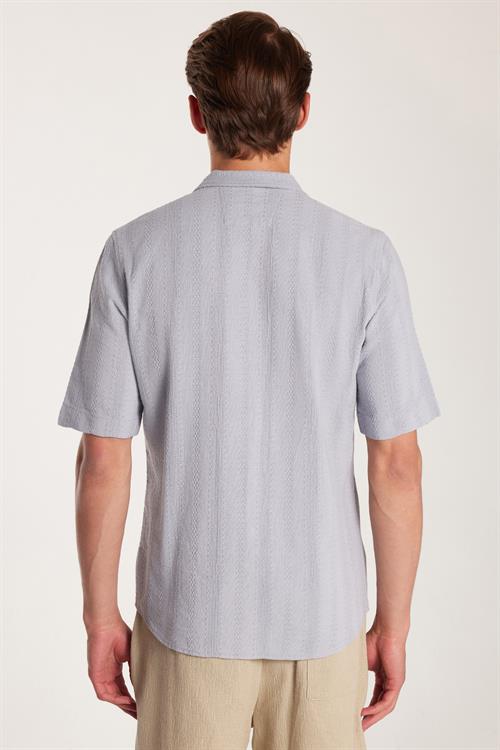 Erkek Regular Fit Rahat Kesim Oversize %100 Pamuk Keten Efekt Kısa Kollu Spor Apaş Yaka Gri Gömlek