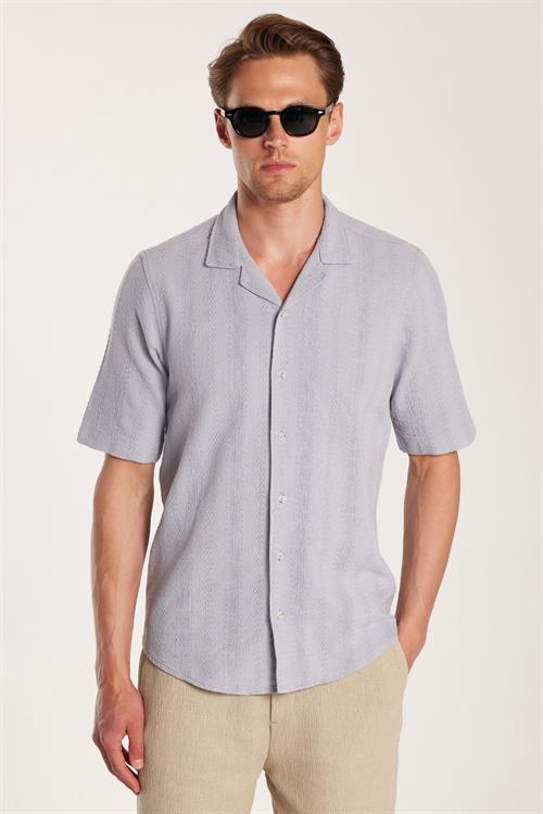Erkek Regular Fit Rahat Kesim Oversize %100 Pamuk Keten Efekt Kısa Kollu Spor Apaş Yaka Gri Gömlek