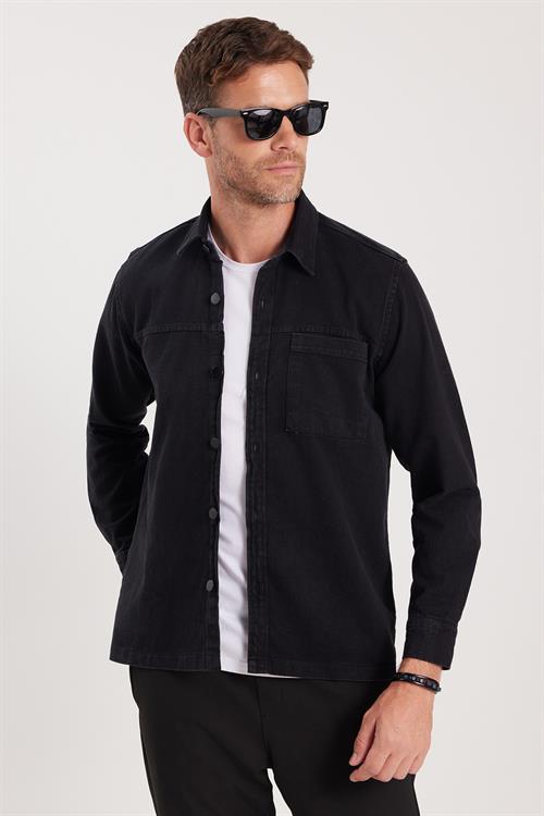 Regular Fit Rahat Kesim Cepli Denim Düğmeli Yaka Siyah Kot Gömlek
