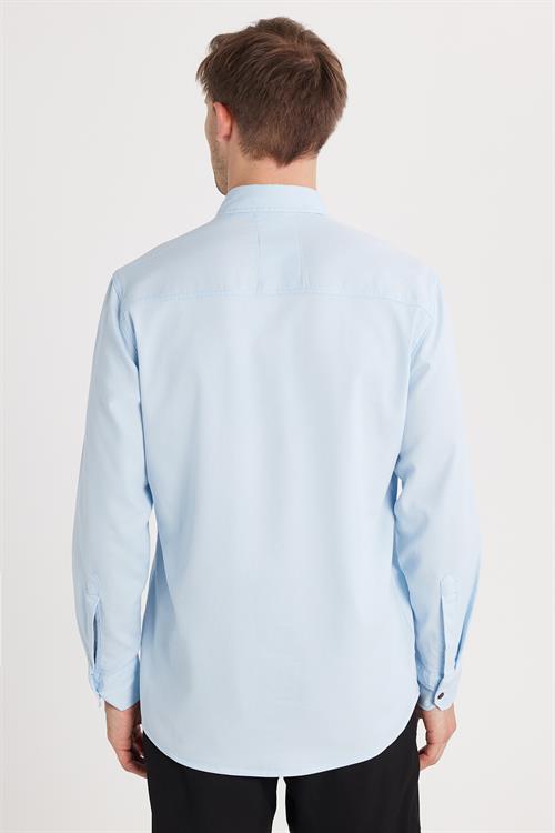 Erkek Regular Fit Rahat Kesim Çift Cepli Spor Yaka Denim Mavi Gömlek