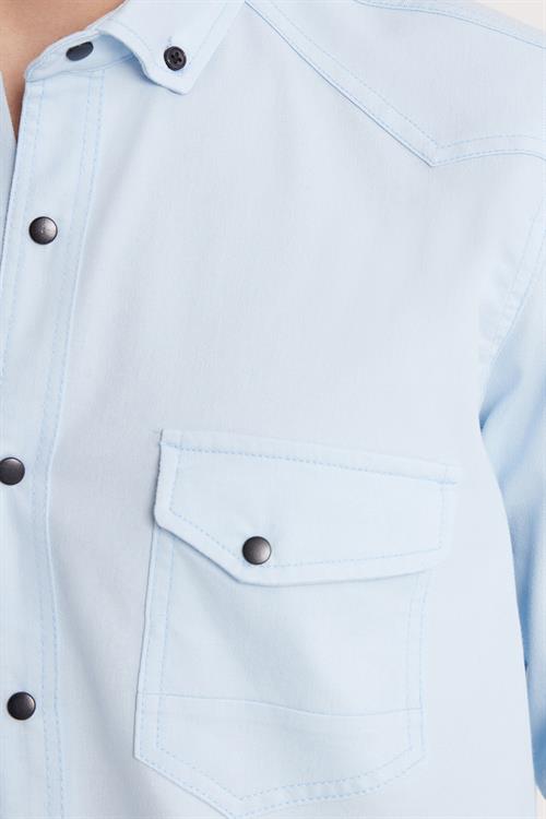 Erkek Regular Fit Rahat Kesim Çift Cepli Spor Yaka Denim Mavi Gömlek