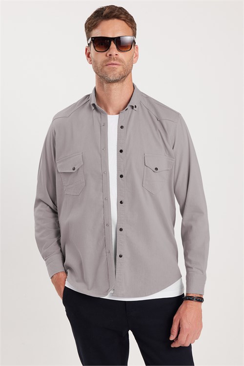 Erkek Regular Fit Rahat Kesim Çift Cepli Spor Yaka Denim Gri Gömlek