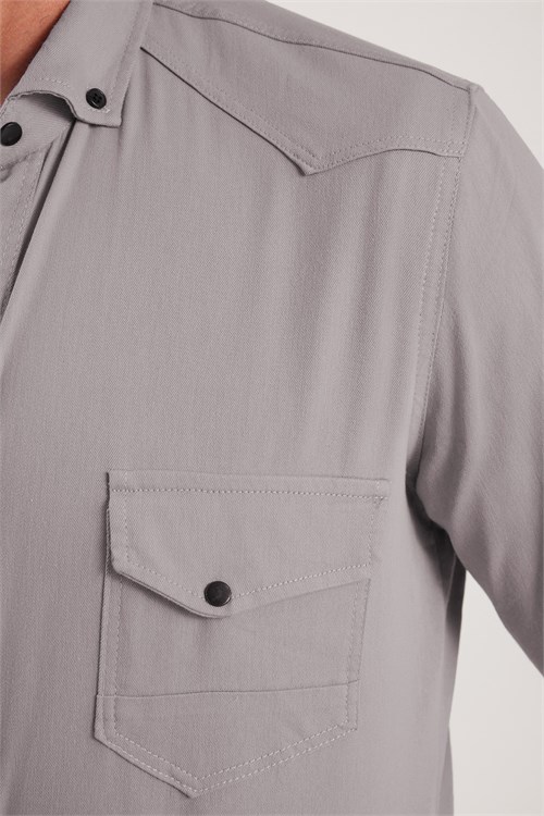 Erkek Regular Fit Rahat Kesim Çift Cepli Spor Yaka Denim Gri Gömlek