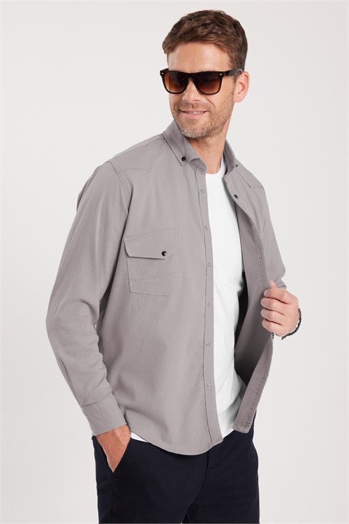 Erkek Regular Fit Rahat Kesim Çift Cepli Spor Yaka Denim Gri Gömlek