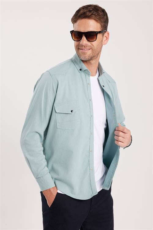 Erkek Regular Fit Rahat Kesim Çift Cepli Spor Yaka Denim Mint Gömlek