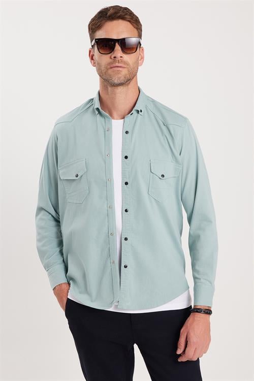 Erkek Regular Fit Rahat Kesim Çift Cepli Spor Yaka Denim Mint Gömlek