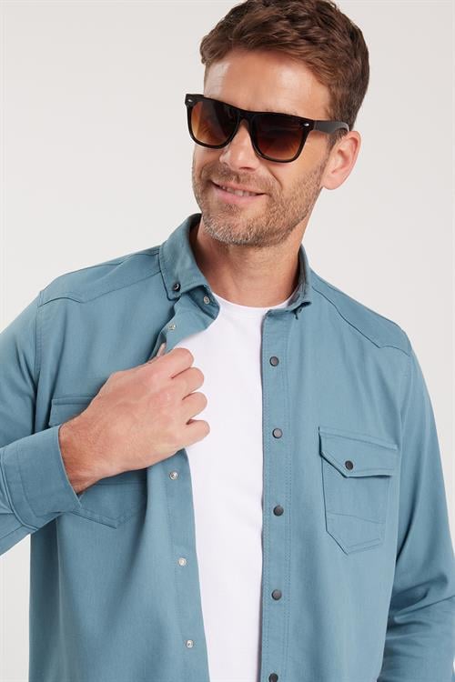 Erkek Regular Fit Rahat Kesim Çift Cepli Spor Yaka Denim Petrol Gömlek