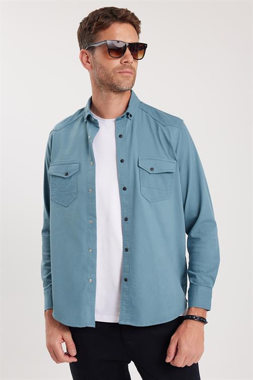 Erkek Regular Fit Rahat Kesim Çift Cepli Spor Yaka Denim Petrol Gömlek