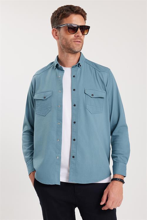 Erkek Regular Fit Rahat Kesim Çift Cepli Spor Yaka Denim Petrol Gömlek