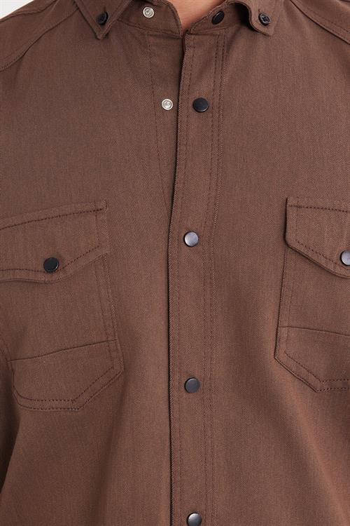 Erkek Regular Fit Rahat Kesim Çift Cepli Spor Yaka Denim Kahverengi Gömlek