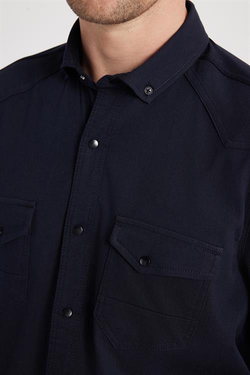 Erkek Regular Fit Rahat Kesim Çift Cepli Spor Yaka Denim Lacivert Gömlek