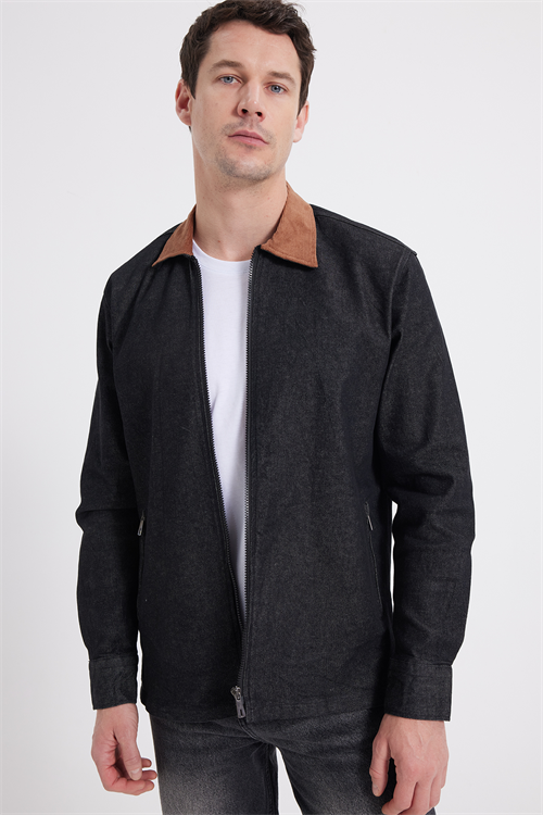 Erkek Regular Fit Rahat Kesim Kadife Yaka Fermuarlı Denim Siyah Ceket Gömlek