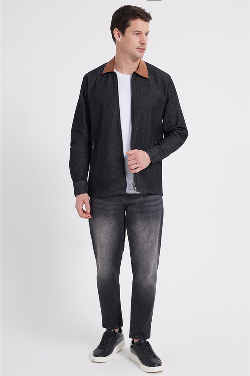 Erkek Regular Fit Rahat Kesim Kadife Yaka Fermuarlı Denim Siyah Ceket Gömlek