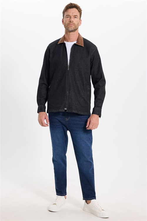Erkek Regular Fit Rahat Kesim Kadife Yaka Fermuarlı Denim Siyah Ceket Gömlek