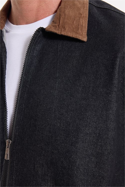 Erkek Regular Fit Rahat Kesim Kadife Yaka Fermuarlı Denim Siyah Ceket Gömlek