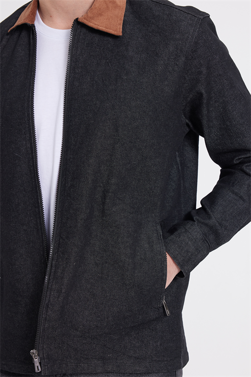 Erkek Regular Fit Rahat Kesim Kadife Yaka Fermuarlı Denim Siyah Ceket Gömlek