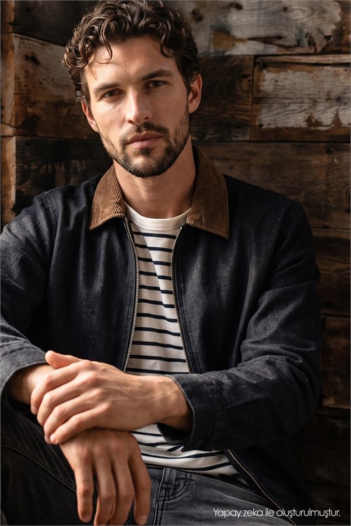 Erkek Regular Fit Rahat Kesim Kadife Yaka Fermuarlı Denim Siyah Ceket Gömlek