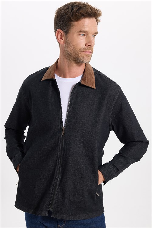 Erkek Regular Fit Rahat Kesim Kadife Yaka Fermuarlı Denim Siyah Ceket Gömlek
