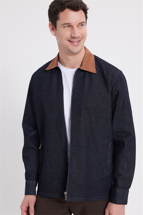 Erkek Regular Fit Rahat Kesim Kadife Yaka Fermuarlı Denim Lacivert Ceket Gömlek