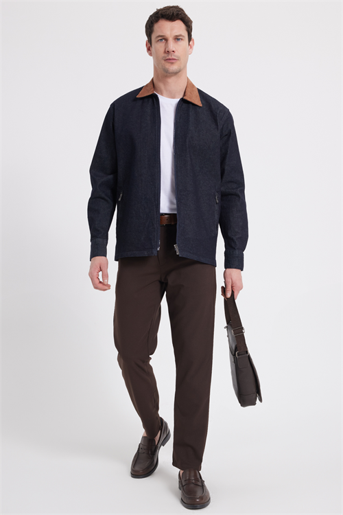 Erkek Regular Fit Rahat Kesim Kadife Yaka Fermuarlı Denim Lacivert Ceket Gömlek
